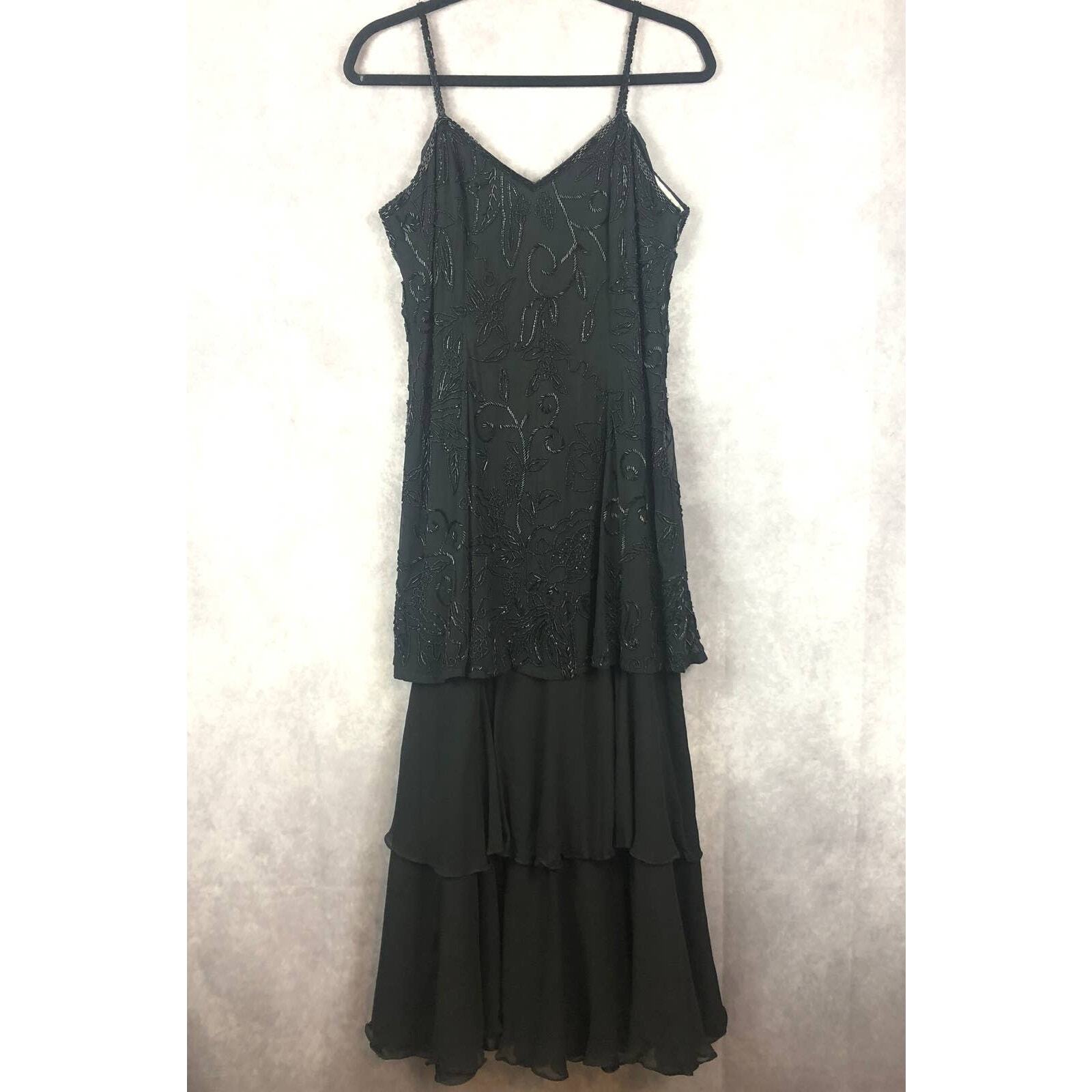 Niteline Dress Womens 12 Black Silk Beaded Gown Floral Tiered Sleeveless Elegant