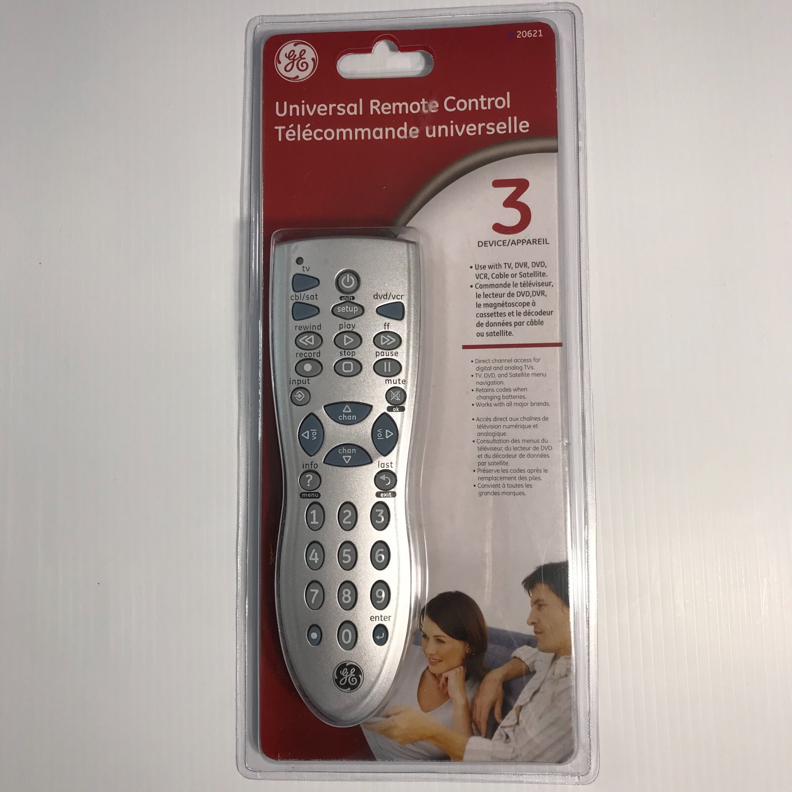 GE 20621 Universal Remote for TVs, DVDs, and VCRs – Controls 3 Devices, Compatible with All Major Brands