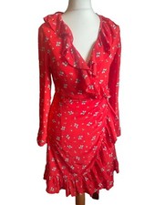 Rixo Rare Red 100% Silk Gemma Floral Ditsy Ruffle Wrap Dress Size XS