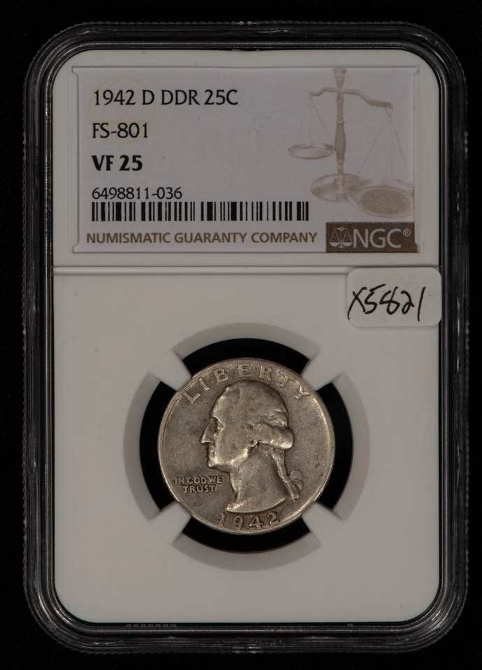 1942-D DDR 25c Silver Washington Quarter - FS-801 Double Die - NGC VF 25 - X5821 - Image 2 of 4