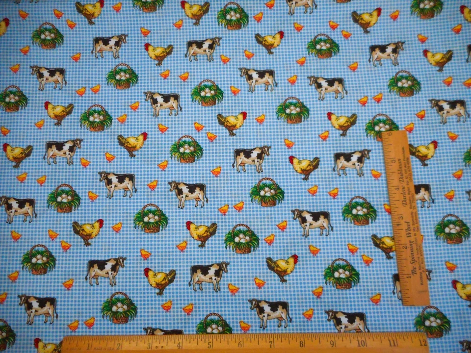 Quilt Fabric By Yard Cows Chicken Eggs Chick on Blue White Check Cotton Nov Vtg - Image 2 of 2