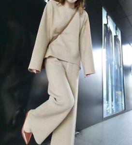 Chic Women Cashmere Wool knitted Sweater Cardigan Wide Leg Pant Suit 2 Pic Suit