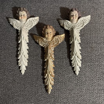 Vintage Cherub Angel Lot 3 Winged Cross Shape Christmas Tree Ornament Gold/Ivory