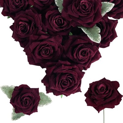 Burgundy Roses 16pcs Artificial Velvet Roses Maroon Flowers 4.3'' Burgundy Fak...