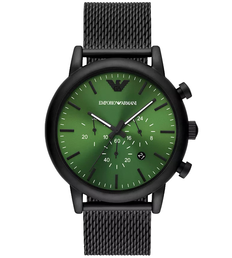 EMPORIO ARMANI LUIGI CHRONOGRAPH AR11470 GREEN DIAL BLACK MESH BAND MENS WATCH