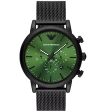 EMPORIO ARMANI LUIGI CHRONOGRAPH AR11470 GREEN DIAL BLACK MESH BAND MENS WATCH