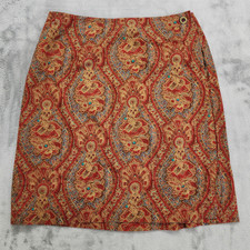 Vintage 80s LizSport Skirt Womens 14 Red Tan Floral Cotton Wrap Pencil Preppy