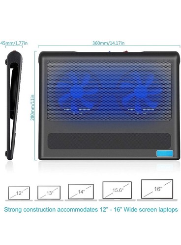 Blue Light Laptop Cooling Pad Ultra Slim 2 Quiet Fans 2 Ports Missing Cable - Photo 5/16