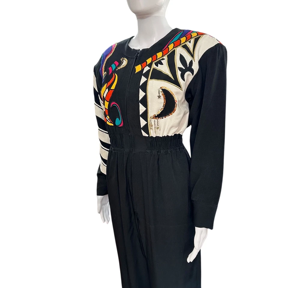 Mono vintage años 80 abstracto hombreras talla 8 negro retro funky Foto 4 de 4