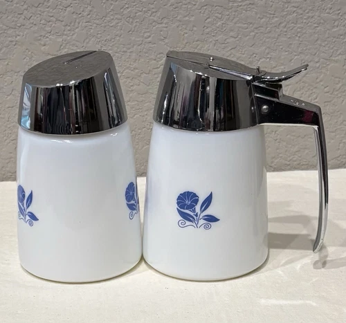 MCM Cream & Sugar Dispenser Santa Barbara Milk Glass Blue Morning Glory Vintage
