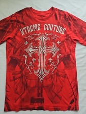 Extreme Couture Shirt Red Silver Cross Short Sleeve USA Made Men's M 20.5x29