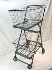 Vintage Early Folding Metal Shopping Cart  W Original Baskets 1930s 40s Original