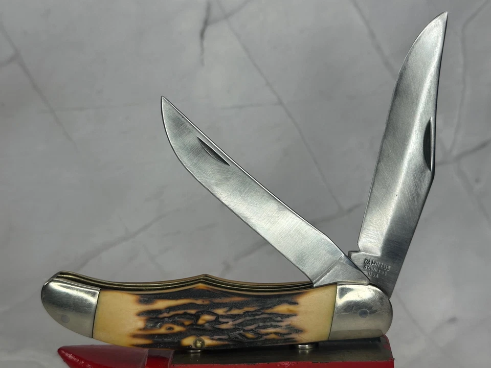 Cuchillo de cazador plegable vintage Camillus EE. UU. 26 Jumbo Staglon con funda de cuero Foto 2 de 4
