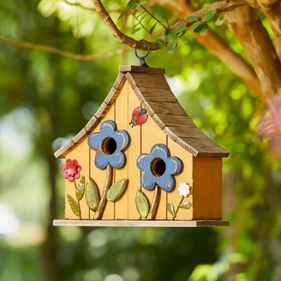 Charming Hand-Painted Hanging Birdhouse with 3D Floral Design   Rustic Outdoor