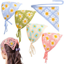 4PCS Women Crochet Bandana Headbands Floral Tie-Back Boho Hair Scarf