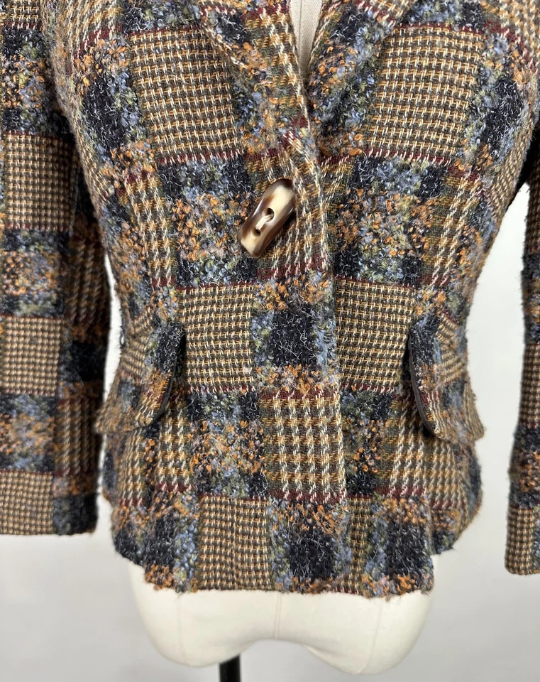 Blazer de tweed vintage Y2K talla 2/XS marrón chocolate a cuadros mezcla de lana Foto 4 de 4