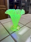 Vintage Fenton Topaz Opalescent Yellow Vaseline Hobnail Glass Trumpet Vase