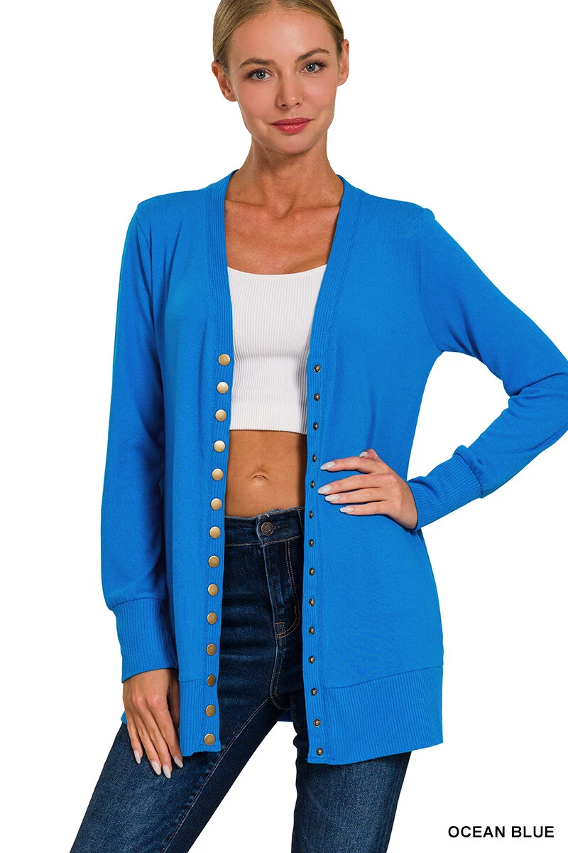 Snap Button Front Long Sleeve Sweater Cardigan Hip Length Side