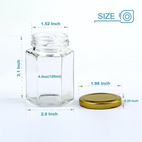 25 Pack 4 Oz Small Hexagon Glass Jars With Gold Lids for Jam Spice Honey Jelly - 第 2/5 張圖片