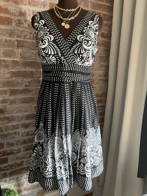 Amanda Lane Black & White A-Line Floral Dress Sleeveless 100% Cotton Size 8