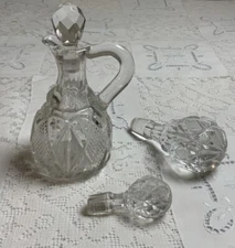 Vintage Glass Cruet With Stopper, Geometric Design, 6 1/4” Tall Plus 2 Stoppers