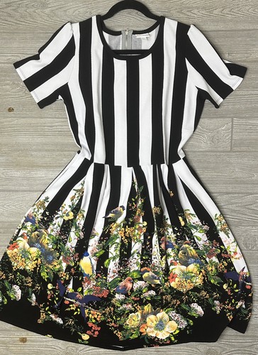NWT LuLaRoe 2XL Amelia Black White Striped Floral Dipped Birds Stripes - 第 1/3 張圖片