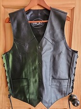 Genuine Leather Mens Lrg Motorcycle Vest-Concealed Carry Pockets Blk Side-laced