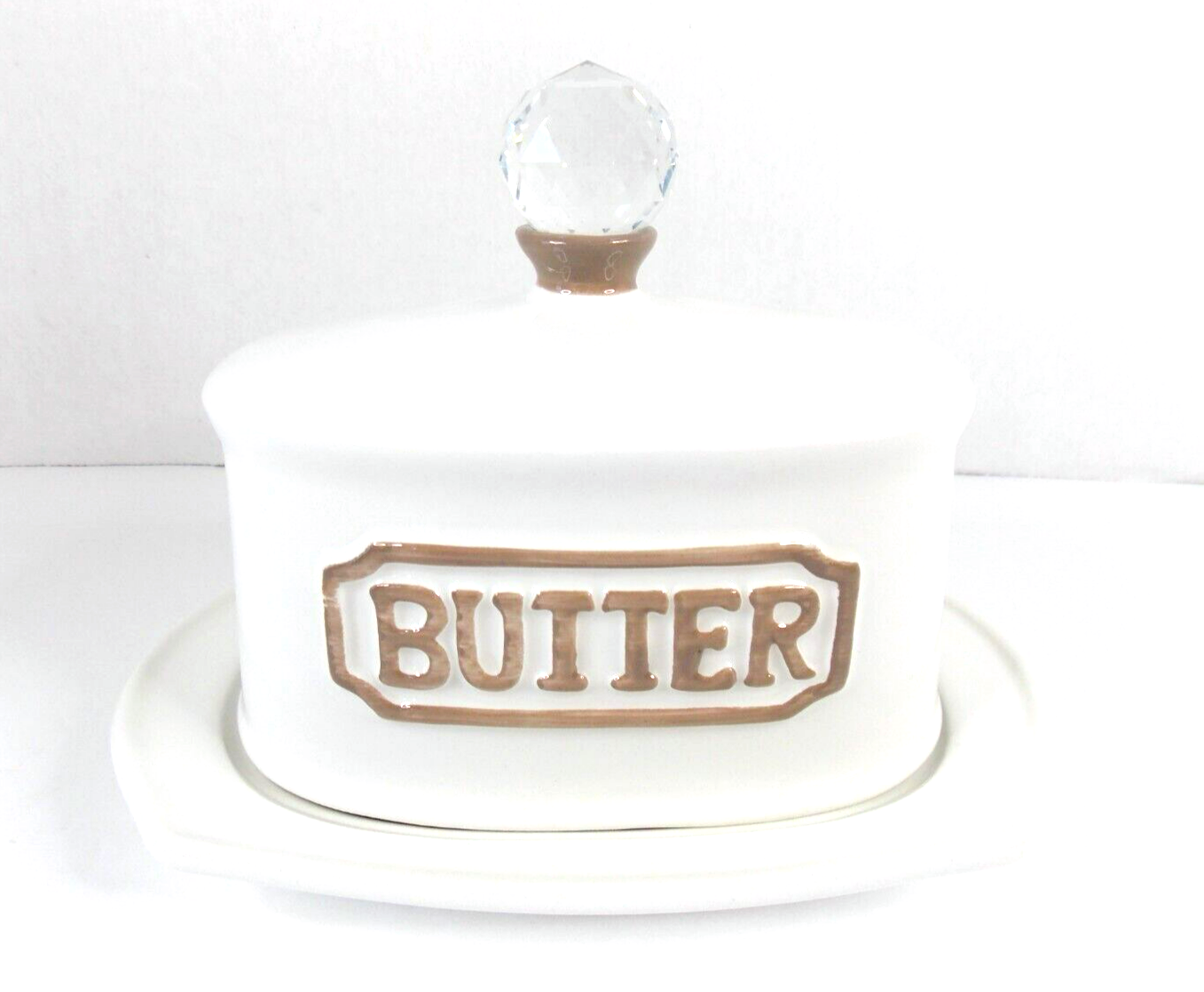 Butter Dish Crystal Knob Gold Script Oval Ceramic THL eBay