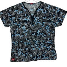 Dickies Size M Scrub Top Black And Blue With Leaf Pattern Pockets Medical Medium