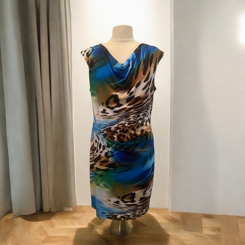 Abito a maglia stretch Frank Lyman blu con stampa leopardata zebra taglia 18