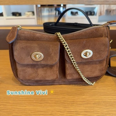 NWT COACH Suede CDZ21 Twin Turnlock Waverly Bag Brass/Warm Brown