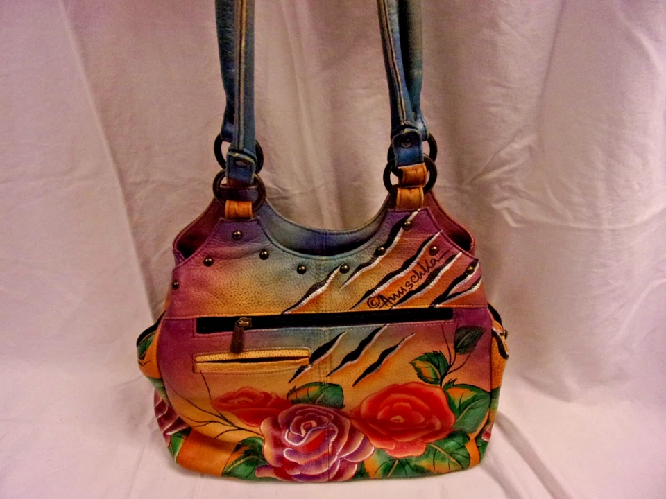 Bolso de mano Anuschka Tigre/Floral, cuero pintado a mano 10 x 12 limpio y billetera en muy buena condición Foto 3 de 4