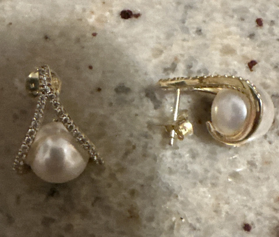 Ohrringe Silber vergoldet mit Perlen, Zirkonia, Omega- Clipverschluss, 20x14,5mm - Bild 3 von 4