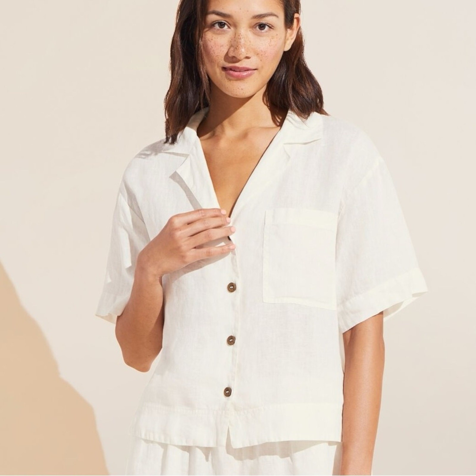 Eberjey Garment Dyed Linen Top Ivory White XS Button Down Coastal Summer