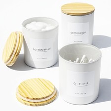 3PCS Farmhouse 400ml White Bathroom Canisters with 12 Labels & Wooden Lid Thick