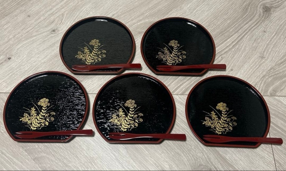 Lacquerware Half-Moon Tray & Fork Set, Unused, Japan, 13cm, 14.5×13cm