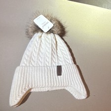 Finely Ivory Brown Cable-Knit Beanie Baby Hat Ear Flap Pom Pom One Size