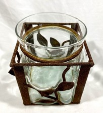 Rustic Iron Cube Candle Holder Or Planter W/ Shaped Glass Globe Vine Leaf Design
