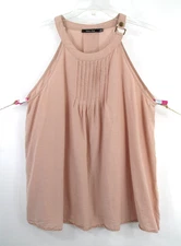 DOE & RAE Pullover Halter Top Women Large Tan Pleated Front Linen Blend Flowy