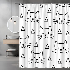 Cute Cat Shower Curtain with Triangle Pattern for Kids Bathroom