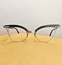 VTG Midcentury '50s '60s Black Gold Cat Eye Glasses Frames Retro Glam Rockabilly