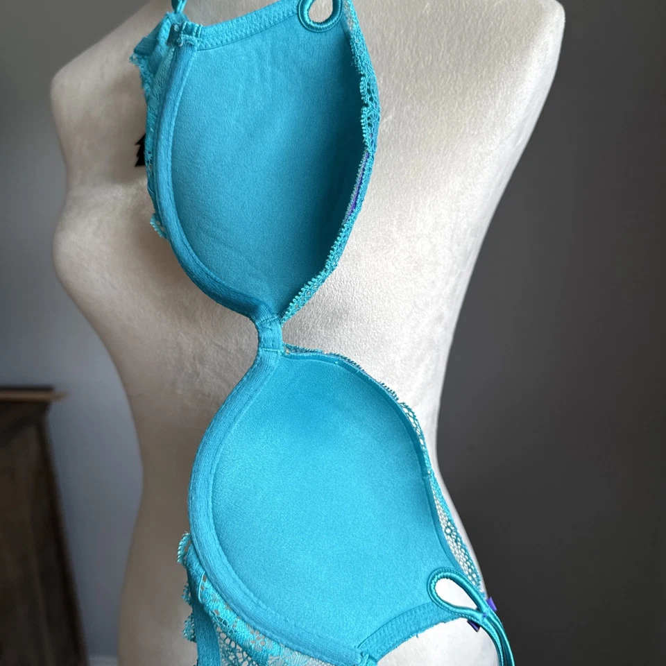 Victoria Secret Gorgeous 34B Lace Bra Turquoise Teal Sheer Floral Underwire Sexy - Image 4 of 4