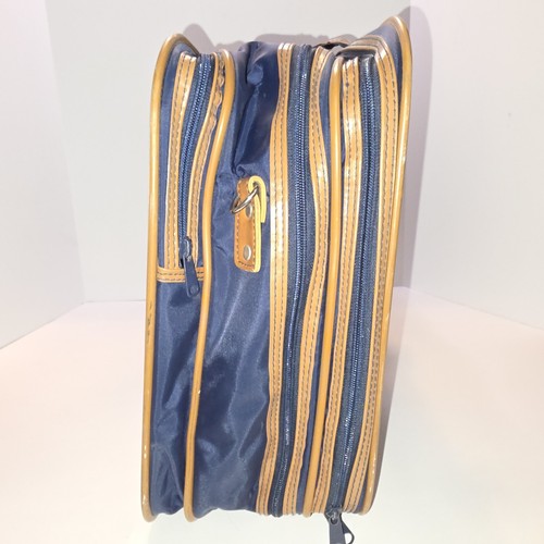 Vintage Skyway Soft Suitcase Travel Bag Blue Canvas Brown Leather 22"X14"X7.5" - Picture 4 of 11