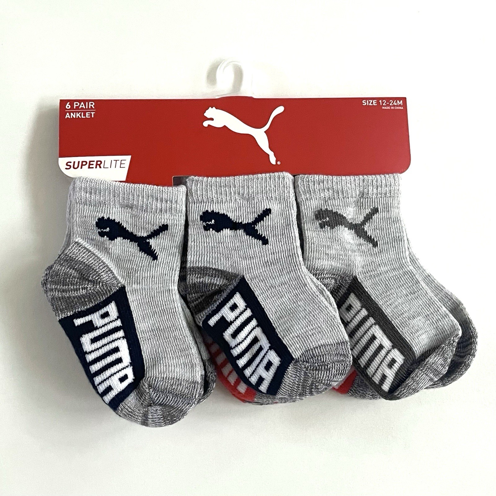 PUMA Infant Ankle Socks 6-Pair Boys BABY SIZE 12-24M Grey Red Anklet Set NWT thumbnail 2