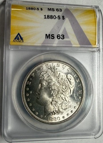 1880-S flashy choice white BU Morgan U.S. silver dollar. ANACS MS63. #q207