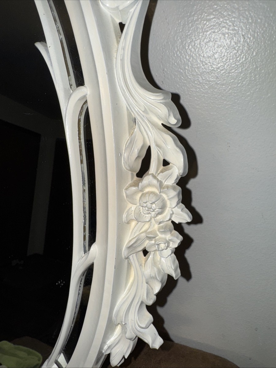VTG Mirror Floral Ornate Design Syroco USA Oval WhiteWash Gold