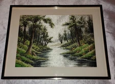 Vintage Landscape Needlepoint Hand Embroidery Framed Wall Art 