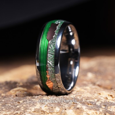 8mm Men s Tungsten Wedding Band Meteorite Inlay Copper Arrow Fishing Line Ring
