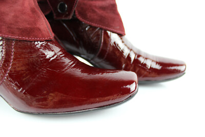 Bottines Janet & Janet Cuir Verni Et Daim Bordeaux - Taille 36, Talon Bas, Bon état Avec Patine