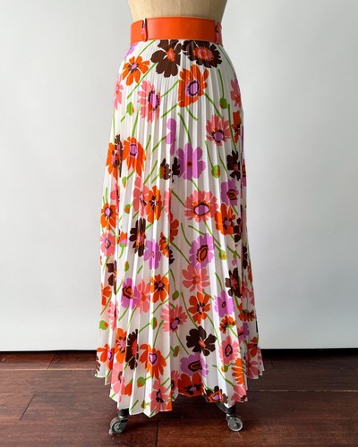 Vintage 70s Pleated White Pink Floral Maxi Skirt Orange Belt Nylon Full Length S - Picture 5 of 11